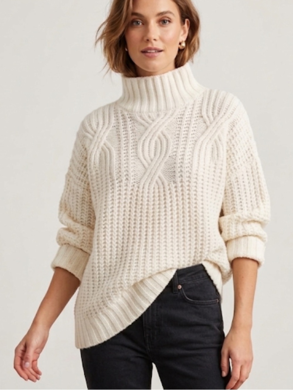 Aerie Off-White Cable-Knit Wool Blend Oversized Mock Neck Sweater